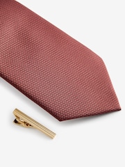 Rust Brown Textured Tie And Clip Set - Image 2 of 3