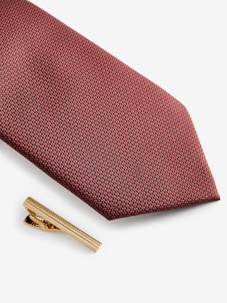 Rust Brown Textured Tie And Clip Set - Image 2 of 3