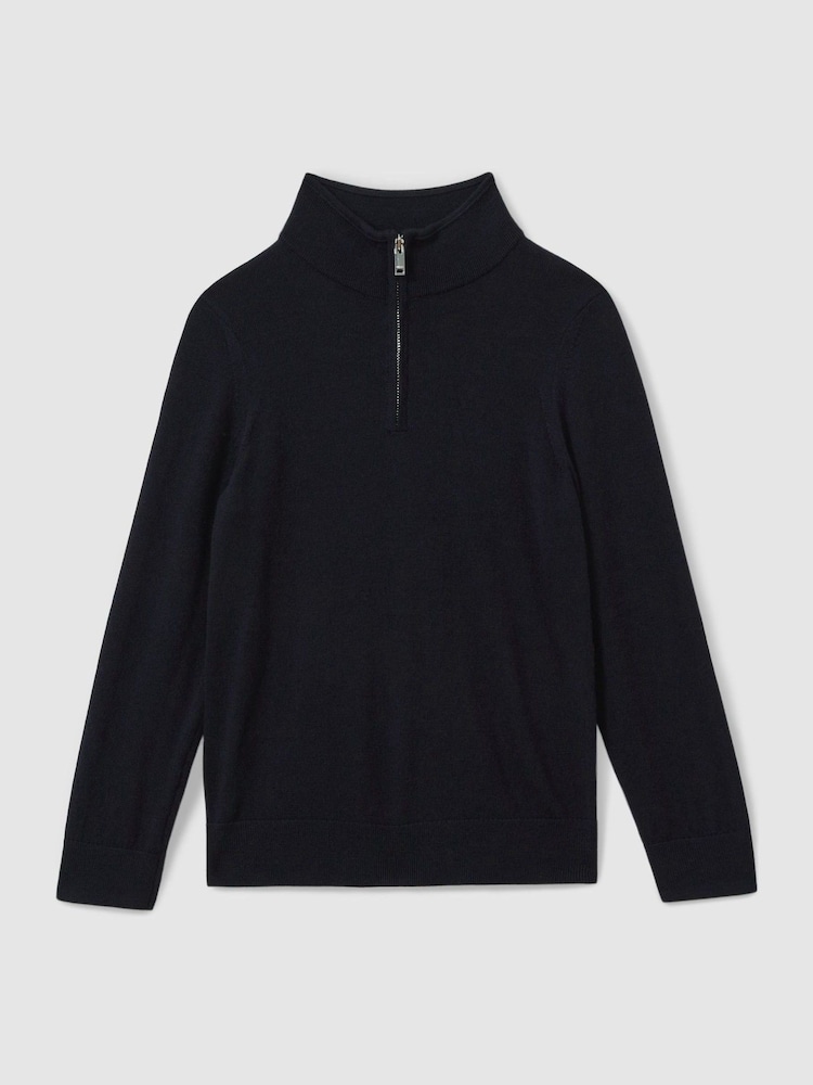 Reiss Navy Blackhall 13-14 yrs Merino Wool Half-Zip Funnel Neck Jumper - Image 1 of 4