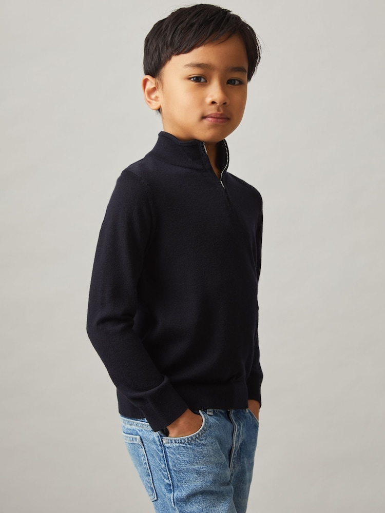 Reiss Navy Blackhall 13-14 yrs Merino Wool Half-Zip Funnel Neck Jumper - Image 2 of 4