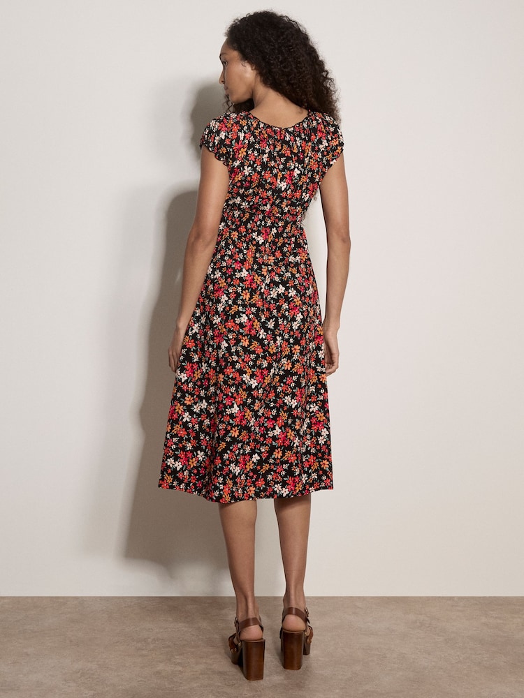 Apricot Black Ditsy Floral Print Milkmaid Midi Dress - Image 1 of 4 Apricot Black Ditsy Floral Print Milkmaid Midi Dress - Image 1 of 4