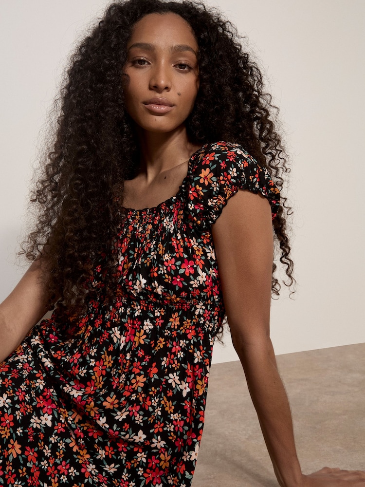 Apricot Black Ditsy Floral Print Milkmaid Midi Dress - Image 2 of 4 Apricot Black Ditsy Floral Print Milkmaid Midi Dress - Image 2 of 4