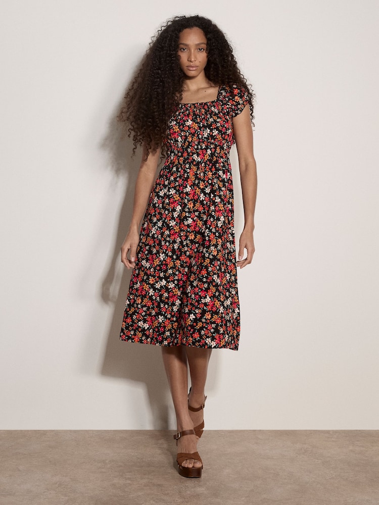 Apricot Black Ditsy Floral Print Milkmaid Midi Dress - Image 4 of 4 Apricot Black Ditsy Floral Print Milkmaid Midi Dress - Image 4 of 4