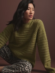 Green Khaki Olive High Neck Textured Knitted Jumper with Wool - Image 1 of 8