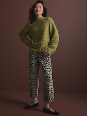 Green Khaki Olive High Neck Textured Knitted Jumper with Wool - Image 2 of 8