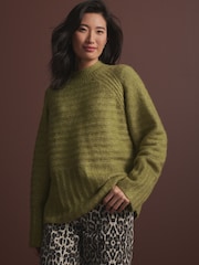 Green Khaki Olive High Neck Textured Knitted Jumper with Wool - Image 3 of 8