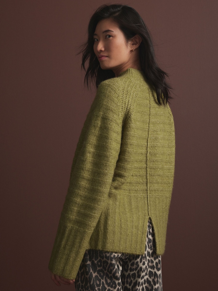 Green Khaki Olive High Neck Textured Knitted Jumper with Wool - Image 4 of 8