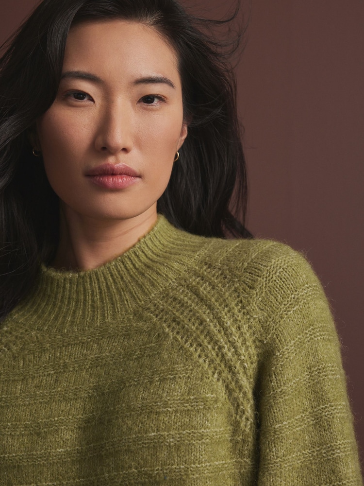 Green Khaki Olive High Neck Textured Knitted Jumper with Wool - Image 5 of 8