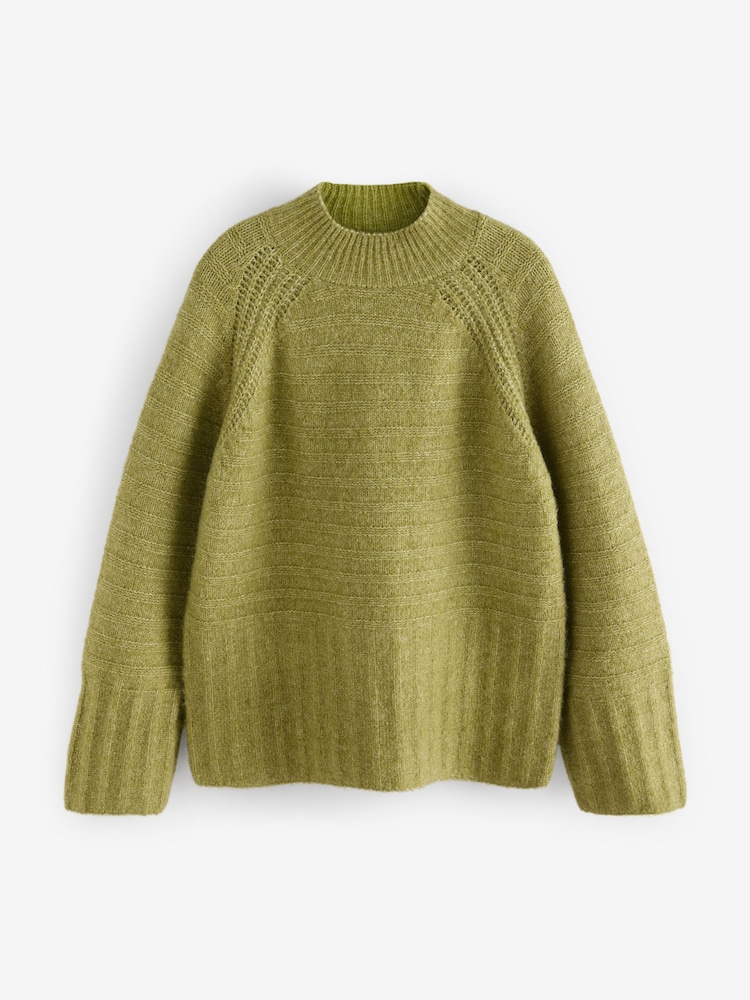 Green Khaki Olive High Neck Textured Knitted Jumper with Wool - Image 6 of 8