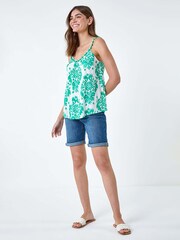 Roman Green Paisley Pom Pom Trim Crinkle Vest Top - Image 4 of 5