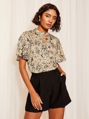 Friends Like These Pink Animal Printed Flutter Sleeve Keyhole Blouse - Image 1 of 4