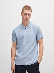 BOSS Blue Short-Sleeved Zip-Neck Polo Sweater With Logo Detail - Image 1 of 5