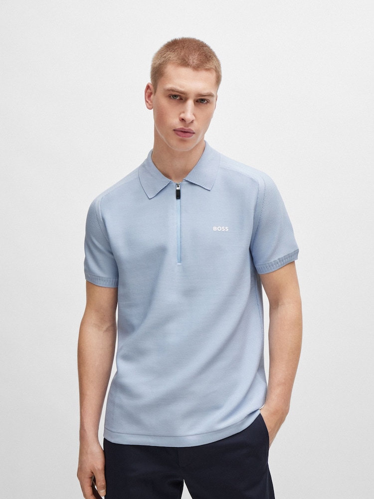 BOSS Blue Short-Sleeved Zip-Neck Polo Sweater With Logo Detail - Image 1 of 5