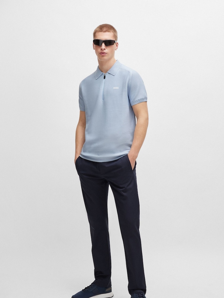 BOSS Blue Short-Sleeved Zip-Neck Polo Sweater With Logo Detail - Image 2 of 5
