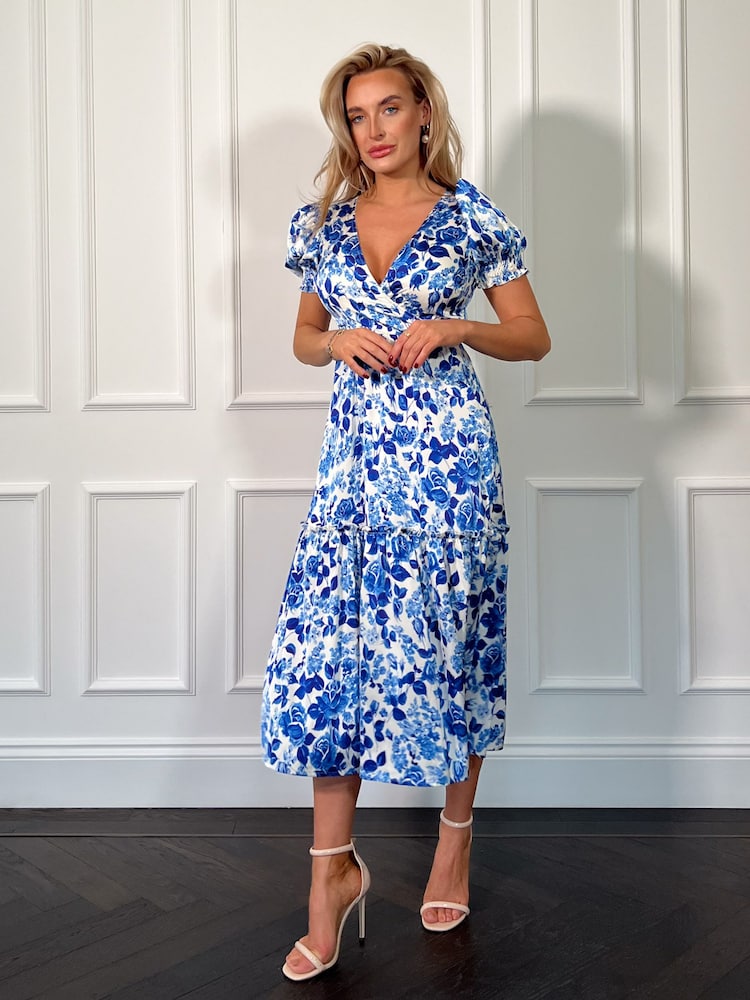 Girl In Mind Blue Maya Wrap Tierred Midi Dress - Image 2 of 4 Girl In Mind Blue Maya Wrap Tierred Midi Dress - Image 2 of 4