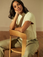 White Ecru Co-ord Short Sleeve High Neck Bouclé Textured Knitted T-Shirt Jumper - Image 1 of 7