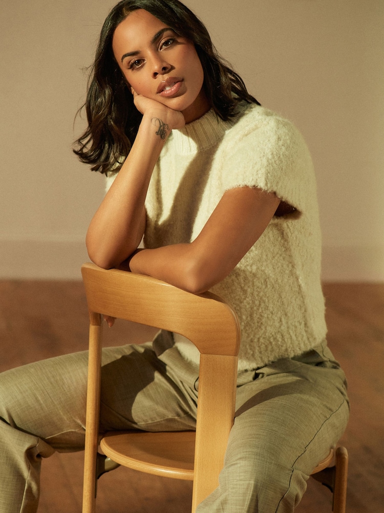 White Ecru Co-ord Short Sleeve High Neck Bouclé Textured Knitted T-Shirt Jumper - Image 1 of 7