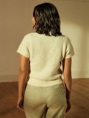White Ecru Co-ord Short Sleeve High Neck Bouclé Textured Knitted T-Shirt Jumper - Image 3 of 7