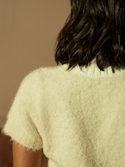 White Ecru Co-ord Short Sleeve High Neck Bouclé Textured Knitted T-Shirt Jumper - Image 4 of 7