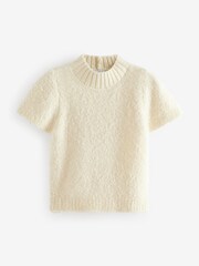 White Ecru Co-ord Short Sleeve High Neck Bouclé Textured Knitted T-Shirt Jumper - Image 6 of 7