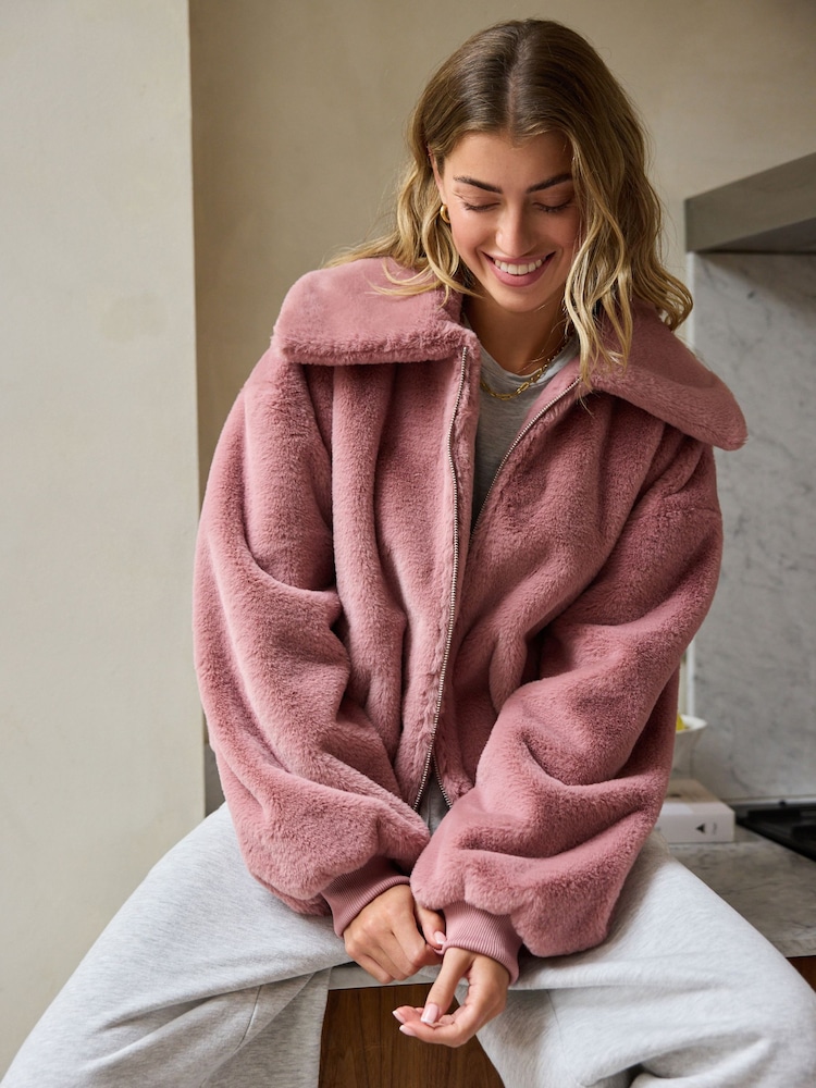 Pink Faux Fur Zip Lounge Jacket - Image 2 of 8