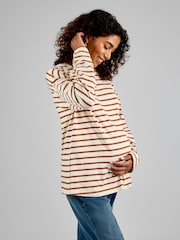 JoJo Maman Bébé Oatmeal & Toffee Stripe Long Sleeve Boyfriend Maternity T-Shirt - Image 1 of 4