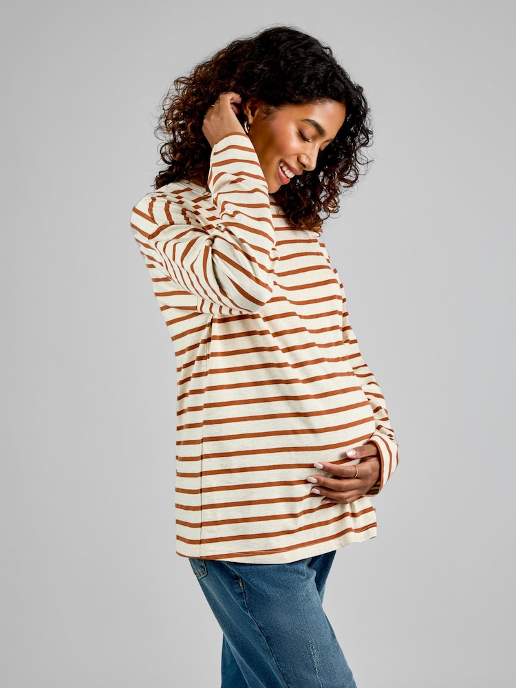 JoJo Maman Bébé Oatmeal & Toffee Stripe Long Sleeve Boyfriend Maternity T-Shirt - Image 1 of 4