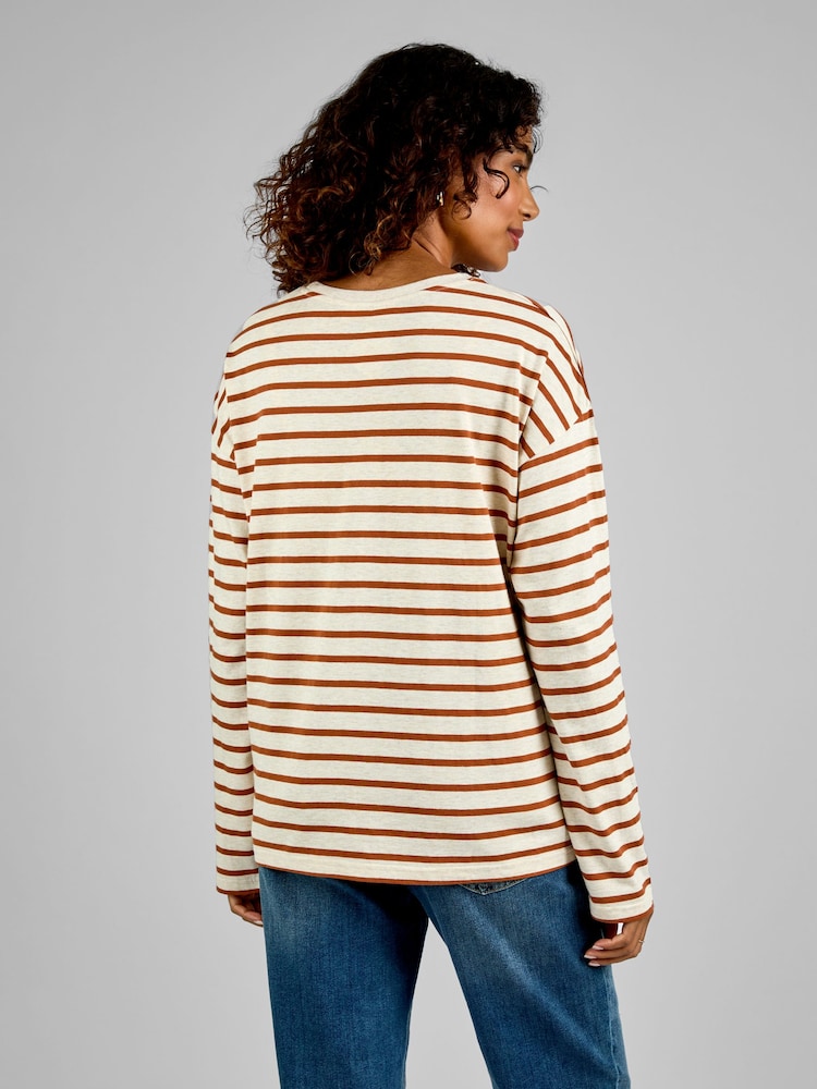 JoJo Maman Bébé Oatmeal & Toffee Stripe Long Sleeve Boyfriend Maternity T-Shirt - Image 2 of 4