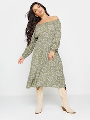PixieGirl Petite Sage Green Ditsy Floral Boho Print Bardot Midi Dress - Image 1 of 5