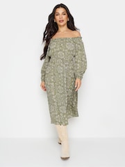 PixieGirl Petite Sage Green Ditsy Floral Boho Print Bardot Midi Dress - Image 2 of 5