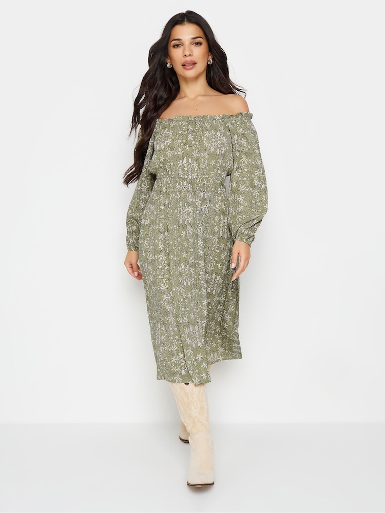 PixieGirl Petite Sage Green Ditsy Floral Boho Print Bardot Midi Dress - Image 2 of 5