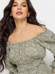 PixieGirl Petite Sage Green Ditsy Floral Boho Print Bardot Midi Dress - Image 3 of 5