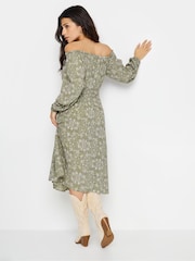 PixieGirl Petite Sage Green Ditsy Floral Boho Print Bardot Midi Dress - Image 4 of 5