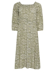 PixieGirl Petite Sage Green Ditsy Floral Boho Print Bardot Midi Dress - Image 5 of 5