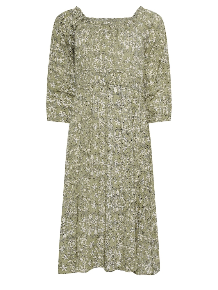 PixieGirl Petite Sage Green Ditsy Floral Boho Print Bardot Midi Dress - Image 5 of 5