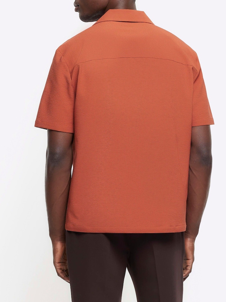 River Island Red Short Sleeve Seersucker Revere Shirt - Image 2 of 4
