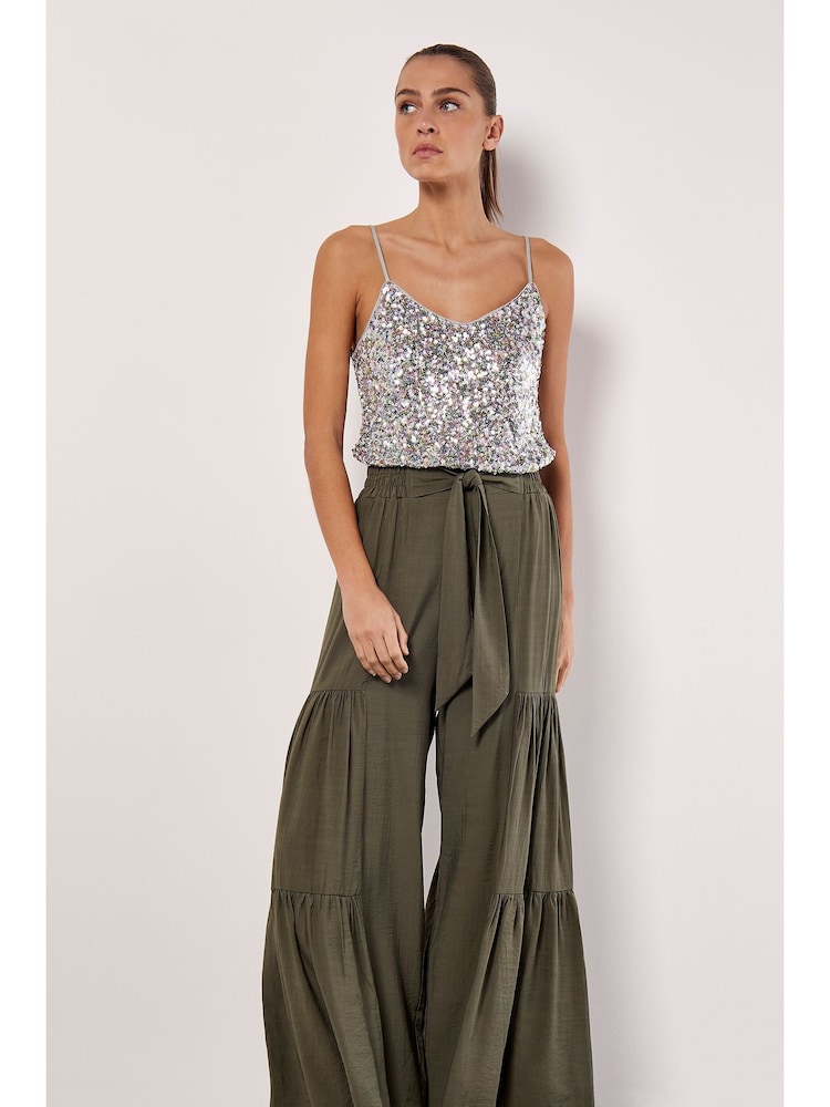 Apricot Green Tiered Wide-Leg Woven Trousers - Image 1 of 4 Apricot Green Tiered Wide-Leg Woven Trousers - Image 1 of 4
