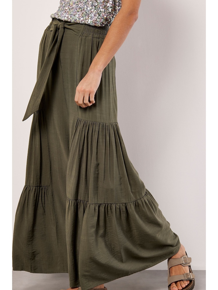 Apricot Green Tiered Wide-Leg Woven Trousers - Image 2 of 4 Apricot Green Tiered Wide-Leg Woven Trousers - Image 2 of 4