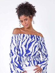 Dusk Blue Animal Print Textured Bardot Top - Image 1 of 5