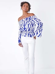 Dusk Blue Animal Print Textured Bardot Top - Image 2 of 5