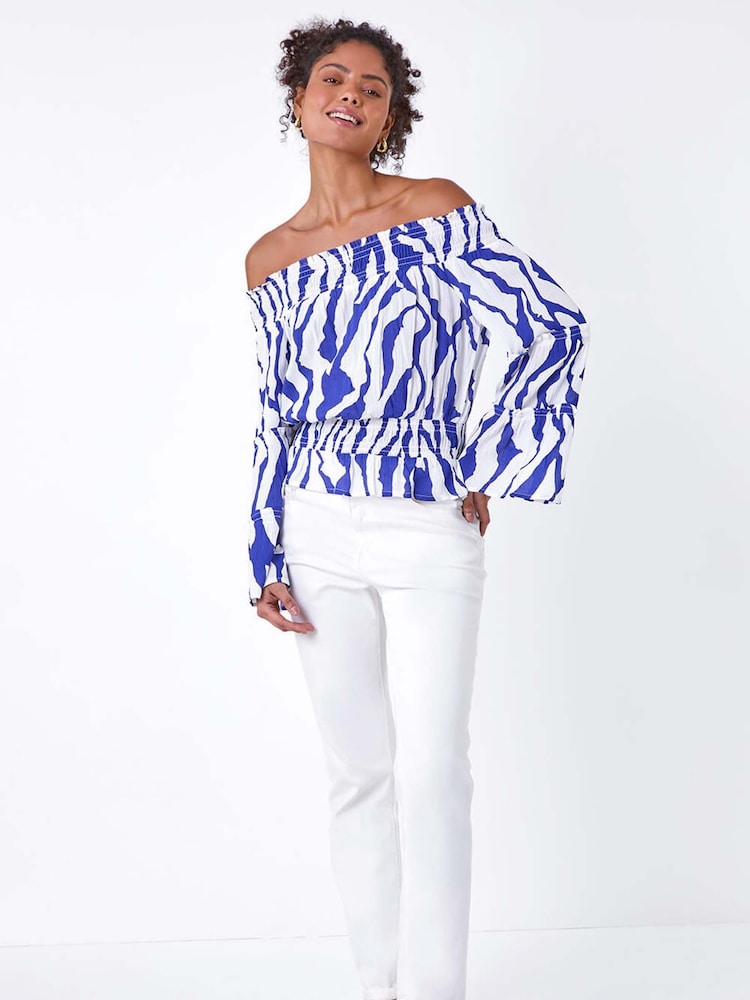 Dusk Blue Animal Print Textured Bardot Top - Image 2 of 5