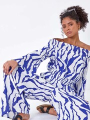 Dusk Blue Animal Print Textured Bardot Top - Image 4 of 5