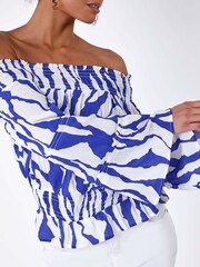 Dusk Blue Animal Print Textured Bardot Top - Image 5 of 5