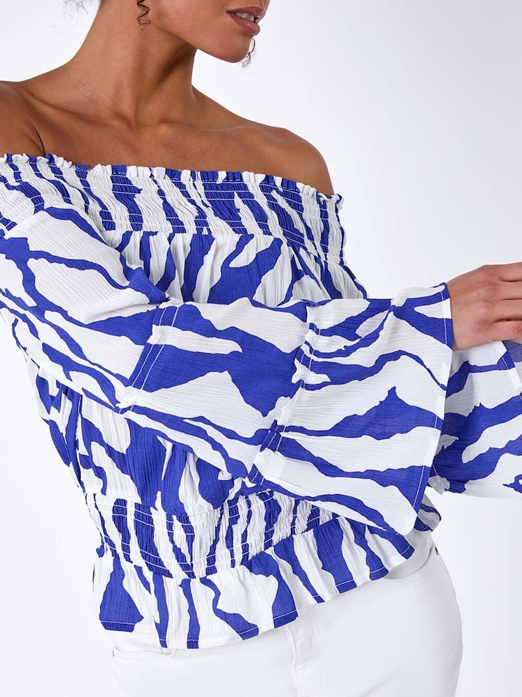 Dusk Blue Animal Print Textured Bardot Top - Image 5 of 5
