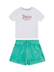 أبيض - طقم للبنات من تيشِرت مُزيّن بطبعة معيّن هندسي وشورت من القطن 100% من Juicy Couture - صورة 1 من 4
