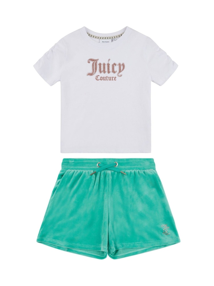 أبيض - طقم للبنات من تيشِرت مُزيّن بطبعة معيّن هندسي وشورت من القطن 100% من Juicy Couture - صورة 1 من 4