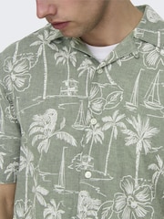 Only & Sons Green Printed Linen Resort Shirt - Image 3 of 5