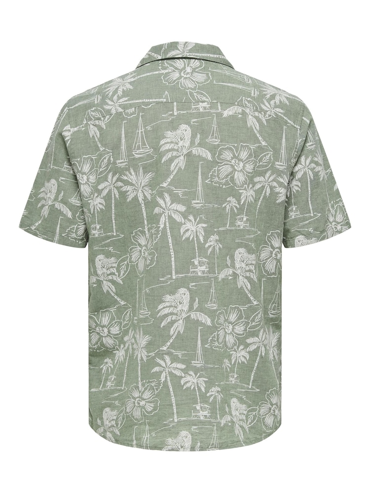 Only & Sons Green Printed Linen Resort Shirt - Image 5 of 5