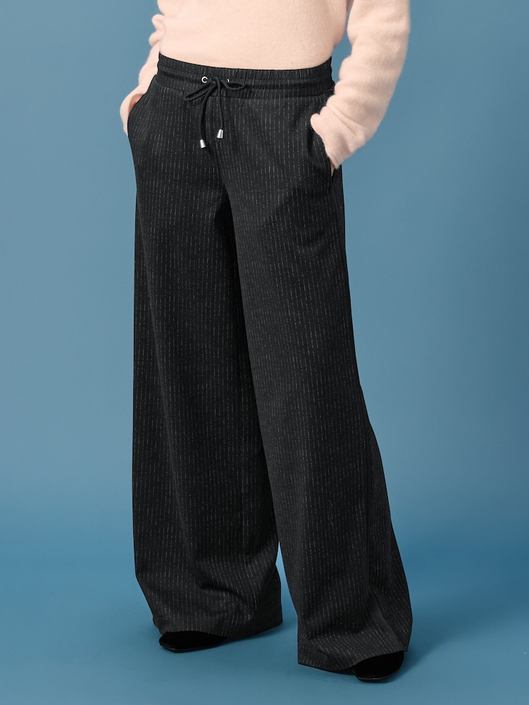 Black Check Pinstripe Brushed Jersey Wide Leg Trousers - Image 1 of 7