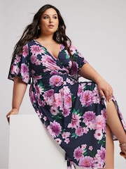 Yours Curve Blue Floral Hanky Hem Wrap Dress - Image 1 of 5